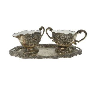 Vintage Cream Sugar Set Roses Floral Scalloped Edges Tray Enamel Interior Japan